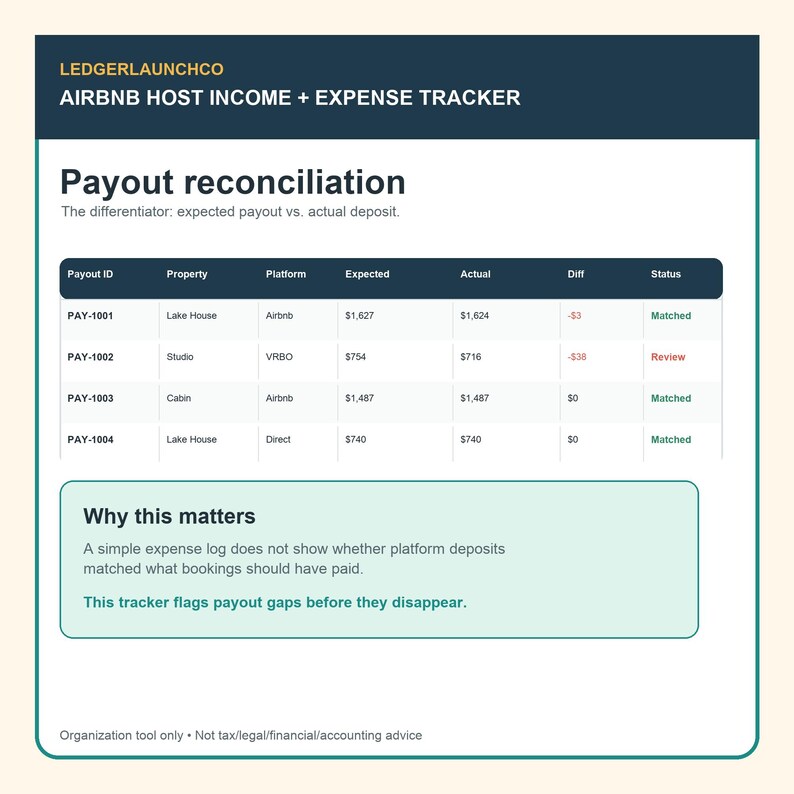 Pu&ograve; includere: Un foglio di calcolo digitale intitolato LEDGERLAUNCHCO AIRBNB HOST INCOME + EXPENSE TRACKER. Presenta una tabella di riconciliazione dei pagamenti che confronta i ricavi previsti con i depositi effettivi, con colonne per ID, piattaforma e stato.