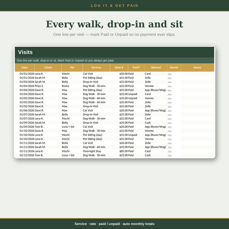 Pet Sitting and Dog Walker Business Tracker, Client & Pet Spreadsheet | Visits, Payments, Mileage | Excel + Google Sheets image 3