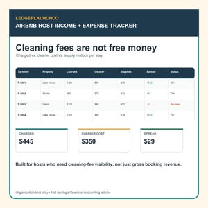Pu&ograve; includere: Un foglio di calcolo digitale per il monitoraggio di entrate e uscite per host Airbnb di LedgerLaunchCo. L'interfaccia mostra una tabella per le spese di pulizia con colonne per fatturato, propriet&agrave;, addebiti, costi di pulizia e stato.
