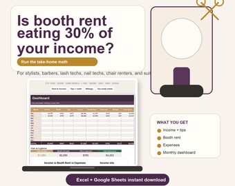 Salon Booth Rent Tracker, Friseur Einnahmen- und Ausgabentabelle | Barber Lash Nagel Stand Stuhl Renter | Excel + Google Sheets