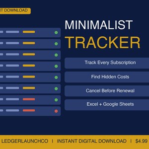 Minimalist Subscription Tracker | One-Page Excel, Google Sheets Template (Digital Download)