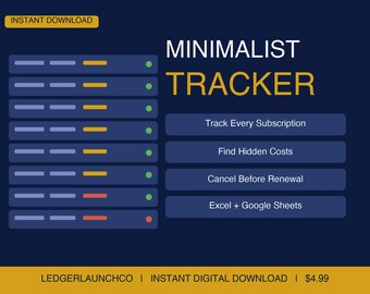 Minimalistischer Abonnement-Tracker | Einseitige Excel, Google Sheets Vorlage (Digitaler Download)