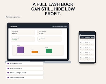 Suivi des revenus et des dépenses de Lash Tech, feuille de calcul professionnelle des cils | Clients, remplissages, fournitures, pourboires | Feuilles Excel + Google
