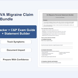 Puede incluir: Un documento blanco titulado "VA Migraine Personal Statement Builder" con una pancarta azul que dice "VA Migraine Claim Bundle". El paquete incluye un rastreador, una guía de examen y un generador de declaraciones. Los botones dicen "Track Symptoms", "Document Impact" y "Prepare With Confidence".