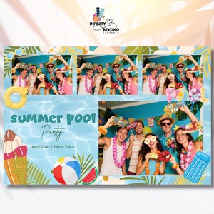 May include: A vibrant invitation design for a summer pool party. The design features a group of people, pool floaties, and tropical elements. The text "Summer Pool Party" is prominently displayed, along with the date and event place.