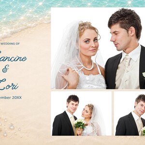 May include: A wedding collage featuring three photos of a couple in formal attire, with the text THE WEDDING OF Francine & Lori September 20XX. The background shows a sandy beach with starfish, seashells, and sparkling blue ocean water.