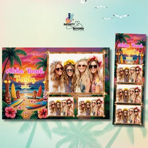 May include: A colorful photo booth backdrop with the text "Aloha Beach Party 2024" and images of women. The backdrop features a sunset scene with palm trees, surfboards, and tropical flowers. The booth is made of bamboo.