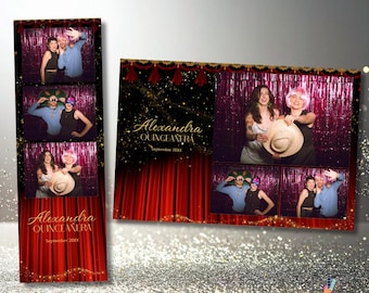Plantilla de fotomatón glamuroso rojo y negro para quinceañera, fiesta de 15 años.