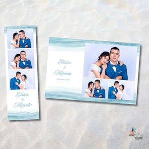 May include: A vertical and a horizontal photo booth strip template featuring a light blue wavy border with shell patterns. The text reads Elaine & Marvin September 20XX. The strips contain multiple photos of a couple in formal wedding attire.