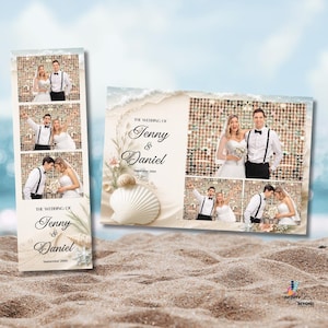 May include: A wedding photo booth template featuring a beach theme with seashells and sand. The design includes multiple photo frames showing a couple, with the text The Wedding of Jenny & Daniel September 20XX printed in a decorative script font.