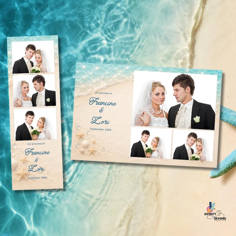 May include: A wedding photo booth template featuring a beach theme with sand, water, and starfish. The design includes multiple rectangular photo frames showing a couple in formal attire, with the text The Wedding of Francine & Lori September 20XX.