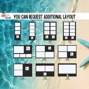 May include: A digital display showing various photo booth layout templates with black borders and white frames. The text reads YOU CAN REQUEST ADDITIONAL LAYOUT, 2x6, 4x6, and labels for 1, 2, 3, and 4 pose configurations. Each template includes a small logo.