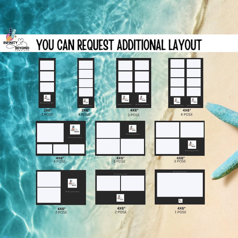 May include: A digital display showing various photo booth layout templates with black borders and white frames. The text reads YOU CAN REQUEST ADDITIONAL LAYOUT, 2x6, 4x6, and labels for 1, 2, 3, and 4 pose configurations. Each template includes a small logo.