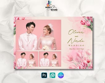 Plantilla elegante para fotomatón de boda 6x4 / Editable en Canva y Photoshop PSD / Marco floral para fotomatón