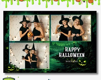 Modello per cabina fotografica di compleanno a tema Halloween, cornice per feste modificabile, sovrapposizione con zucca e ragnatela.