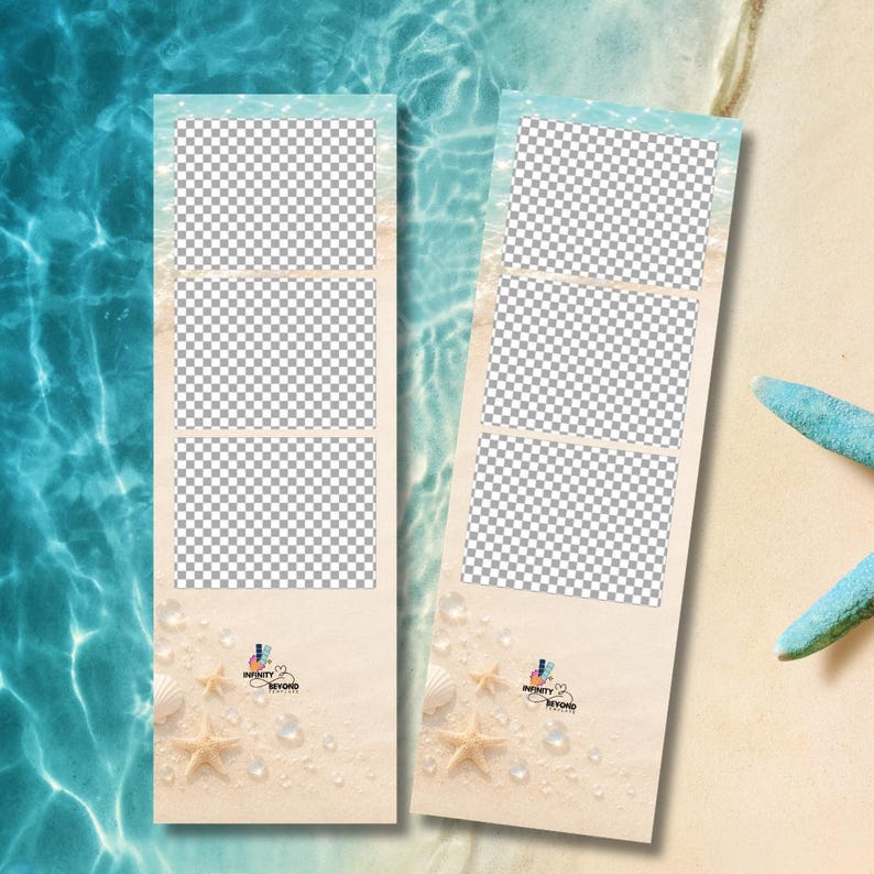 May include: Two vertical photo booth strips featuring three transparent rectangular frames each. The design displays a sandy beach shore with blue water, starfish, and small seashells. The logo Infinity Beyond Templates is printed at the bottom.