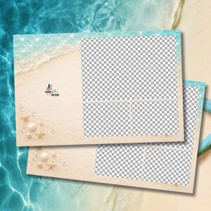 May include: A rectangular digital photo collage template featuring a beach theme with light sand, scattered seashells, and starfish. The design includes three transparent checkerboard placeholders for images and the text Infinity Beyond Templates.