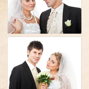 May include: A vertical photo strip featuring three frames of a couple in wedding attire, including a white dress, veil, and black suit. Below the photos, the text reads THE WEDDING OF Francine & Lori September 20XX on a sandy beach background.