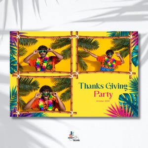 May include: A digital template featuring three photo frames bordered by bamboo sticks against a bright yellow background with tropical palm leaves. The text reads Thanks Giving Party and October 20XX. A person with curly hair wears green sunglasses and a lei.