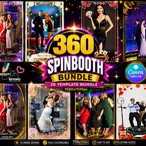 Può includere: Un pacchetto di 20 modelli Canva personalizzabili per cabine fotografiche 360 con una risoluzione di 1080x1920px. L'immagine mostra vari overlay per la fotografia di eventi, inclusi temi da casinò, matrimoni e feste con accenti dorati.