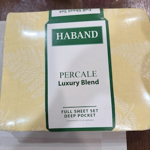 May include: A packaged full sheet set with a yellow floral pattern. The packaging features the brand name "HABAND" and the words "PERCALE Luxury Blend" and "FULL SHEET SET DEEP POCKET".