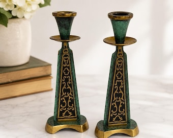 2 Verdigris Brass Candlesticks Shabbat Candle Holders Made in Israel 9"