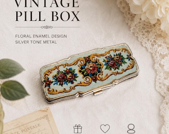 Vintage Metal Pill Box Tin Gold Hinged Pink Roses With 3 Sections