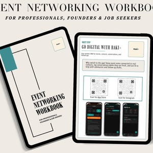 May include: Two digital tablets displaying the text "EVENT NETWORKING WORKBOOK" and "FOR PROFESSIONALS, FOUNDERS & JOB SEEKERS." One tablet shows a diagram with a teal accent, the other displays app information, QR codes, and phone screens.