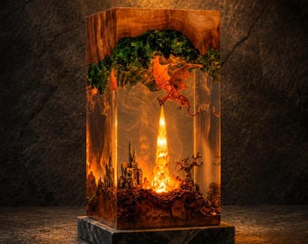 Lava Dragon Resin Lamp, Volcanic Fantasy Diorama LED Light, Medieval Castle Scene, Handmade Resin and Wood Art Display