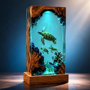 Pode incluir: Uma luminária retangular com moldura de madeira natural envolvendo um núcleo de resina azul translúcida. Dentro, três tartarugas marinhas nadam entre formações de coral e uma pequena figura de mergulhador, iluminadas por uma luz suave no topo.