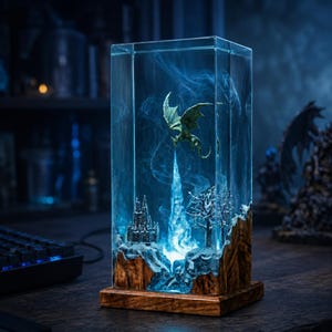 May include: A rectangular resin lamp featuring a green dragon flying above a miniature castle and a bare tree. The base is made of wood, and the interior contains blue light and swirling smoke effects that create a glowing, icy landscape scene.