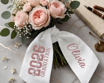 Personalized Graduation Bouquet Sash 2026, Custom Embroidered Flower Wrap with Name, Shadow Letter Grad Ribbon, Senior 2026 Gift for Her