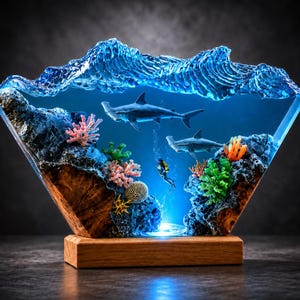 Ocean Wave Resin Lamp, Shark and Diver Epoxy Night Light, Handmade Wood Diorama Aquarium, Scuba Diving Marine Life Decor, Gift for Him