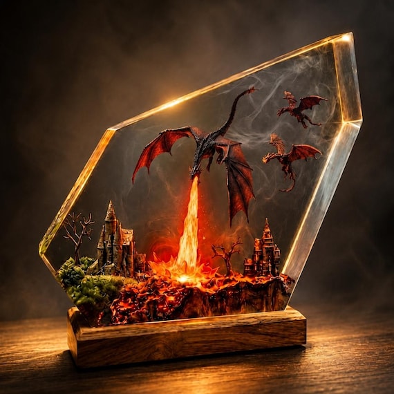 An artisan-crafted epoxy resin lamp with a 3D fire dragon suspended inside a wood base — functional nightlight meets one-of-a-kind fantasy sculpture.