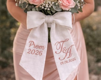 Personalized Prom Bouquet Ribbon, Custom Monogram Linen Bouquet Wrap, Prom 2026 Bouquet Sash, Bridal Bouquet Ribbon