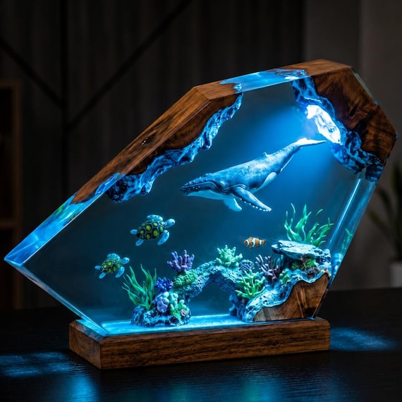 A glowing ocean diorama trapped in epoxy resin — humpback whale and coral reef lit from within like a bioluminescent deep-sea snapshot you put on your desk.