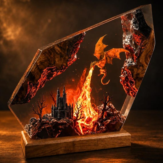 A hand-poured epoxy resin diorama of a dragon battling over a glowing lava volcano — it's a functional night light AND a miniature fantasy sculpture, genuinely one-of-a-kind.