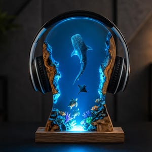 Può includere: Un supporto per cuffie con cornice in legno riempita di resina e una scena sottomarina illuminata. Il display include uno squalo balena, tartarughe marine, pesci pagliaccio e una razza circondati da coralli, con cuffie nere posizionate sopra.