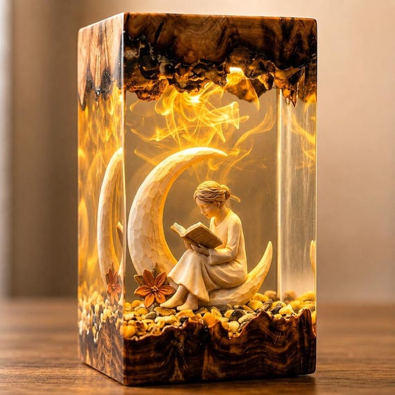 A tiny girl reading on a crescent moon bookshelf diorama cast in glowing resin — basically a book lover's dream lamp in one object.