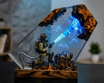 Firefighter Resin Lamp, Fireman LED Night Light, Father’s Day Gift For Dad, Firefighter Desk Decor, First Responder Gift