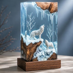 May include: A rectangular resin lamp featuring a winter scene with two white wolves standing on a natural wood base. The sculpture includes white snow, bare tree branches, and hanging icicles encased in clear resin, set upon a solid wood block.