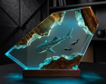 Whale Shark Resin Lamp, Underwater Diver Diorama, Handmade Epoxy Night Light with Wood Base, Gaming Desk Decor, Gift For Him