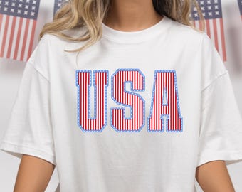 USA Comfort Colors shirt with patriotic flag letters for Fourth of July outfits