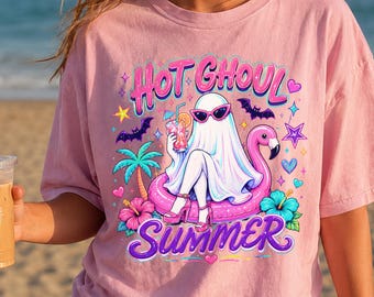 Hot Ghoul Summer Comfort Colors Shirt, Ghost Flamingo Beach Tee for Women
