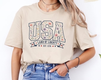 Floral USA Shirt, Patriotic Est 1776 Tee, Cute Americana Fourth of July Gift for Women