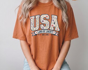 Comfort Colors®  Floral USA Shirt, Patriotic Est 1776 Tee, Cute Americana Fourth of July Gift for Women