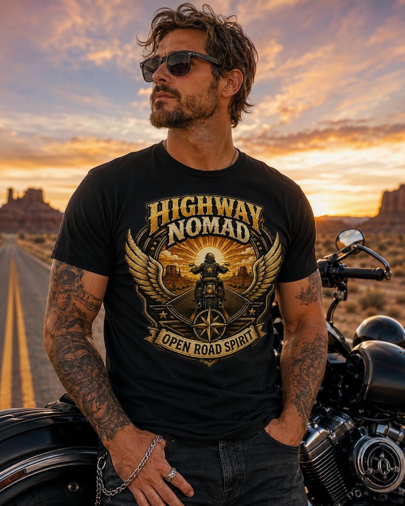 May include: Black t-shirt with a graphic featuring a motorcycle rider, wings, and the words "HIGHWAY NOMAD OPEN ROAD SPIRIT." The image is set against a desert landscape with a motorcycle.