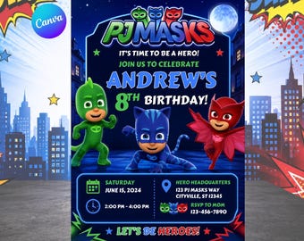 Invito di compleanno a tema PJ Masks, modello Canva modificabile, invito per festa di compleanno, download immediato.