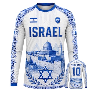 Koszulka z długim rękawem z Izraela, spersonalizowany numer imienia i nazwiska, koszulka z napisem „Israel Country Pride”