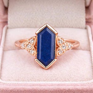 Hexagon Cut Lapis Lazuli Ring in 14K Rose Gold, Art Deco Inspired Diamond Accent Ring, Unique Statement Gemstone Jewelry Gift for Her